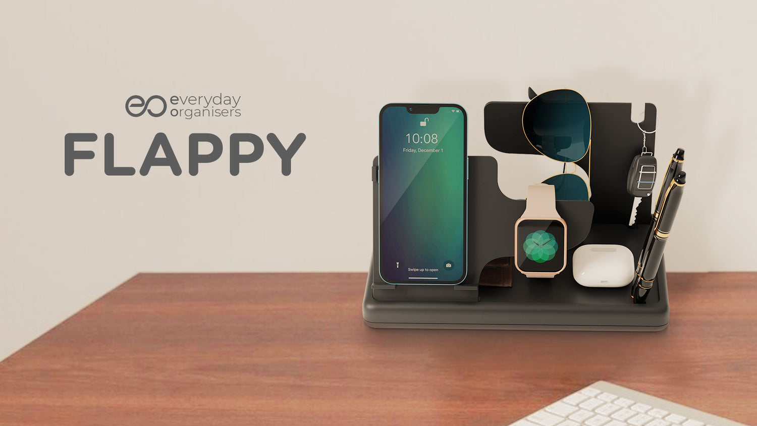 Everyday Organisers Flappy is a multifunctional desk organiser which comes with a smartphone holder, pen stand smartwatch holder, glasses holder and much more. It comes with foldable flaps making it portable. Flappy is the ultimate desktop accessory making it great for corporate gifting.